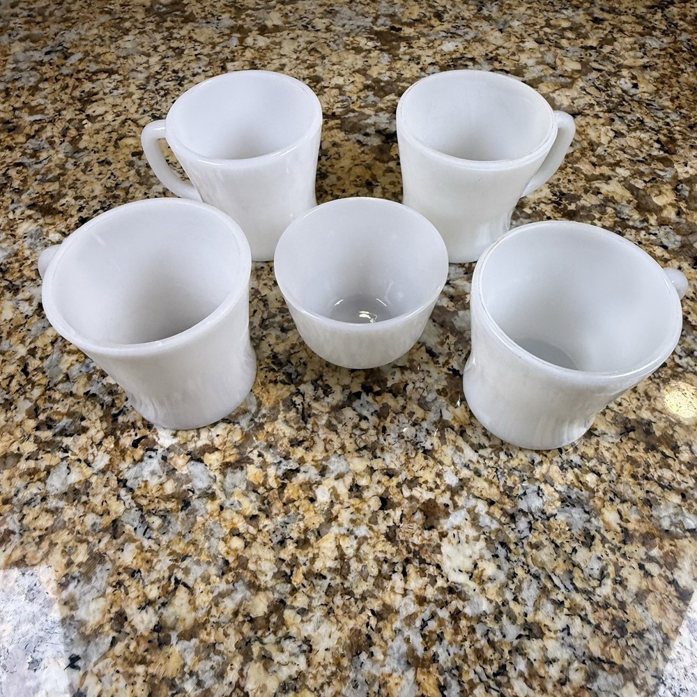 Federal Glass White Milk Glass Mugs Cups Set of 5 Vintage USA F Shield Logo
